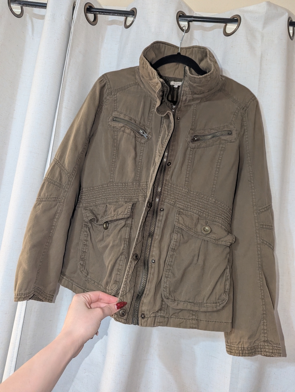 Olive Green Utility Button/Zip Streetwear Casual Jacket